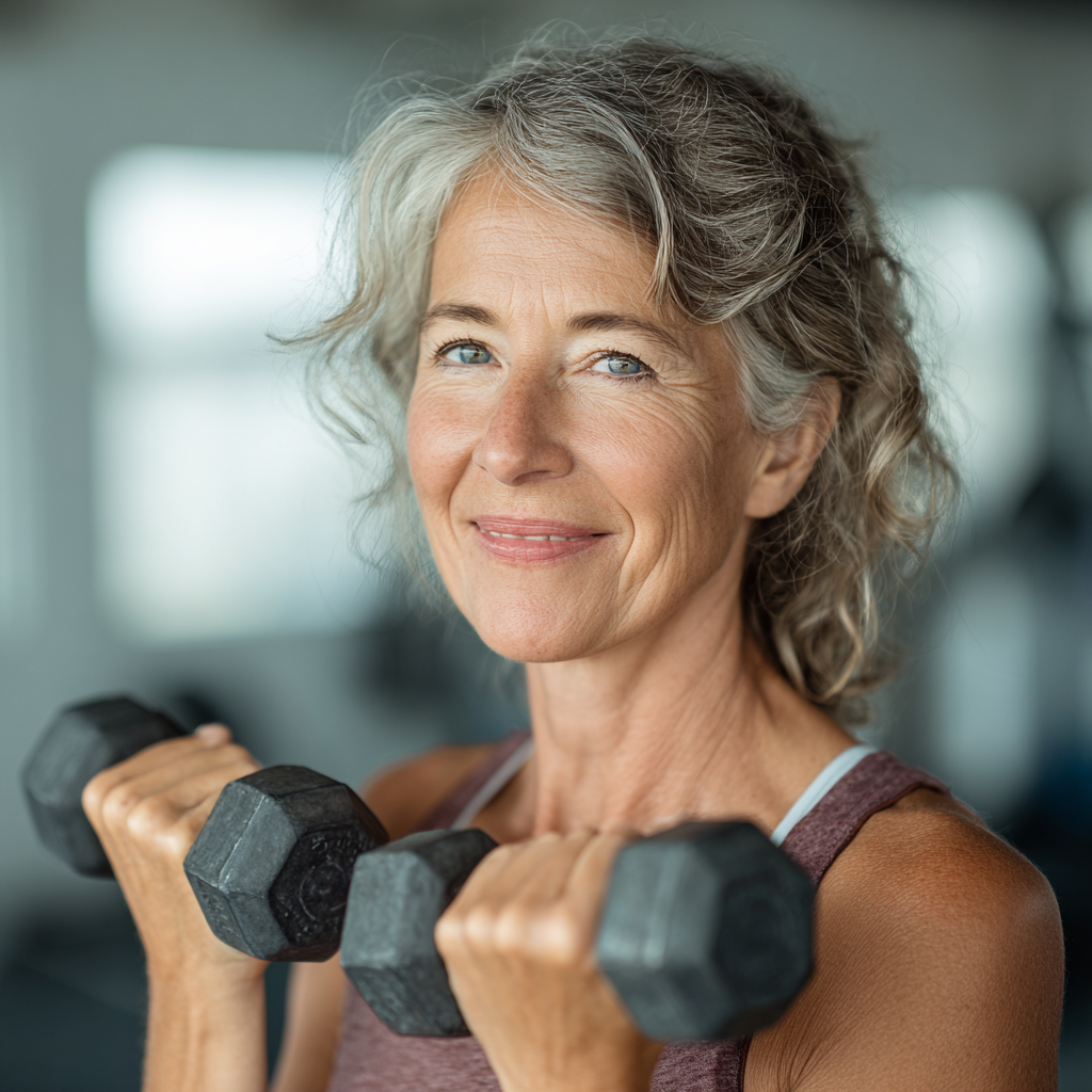 Confident woman in her 50s demonstrating proper exercise form with weights in a bright fitness studio