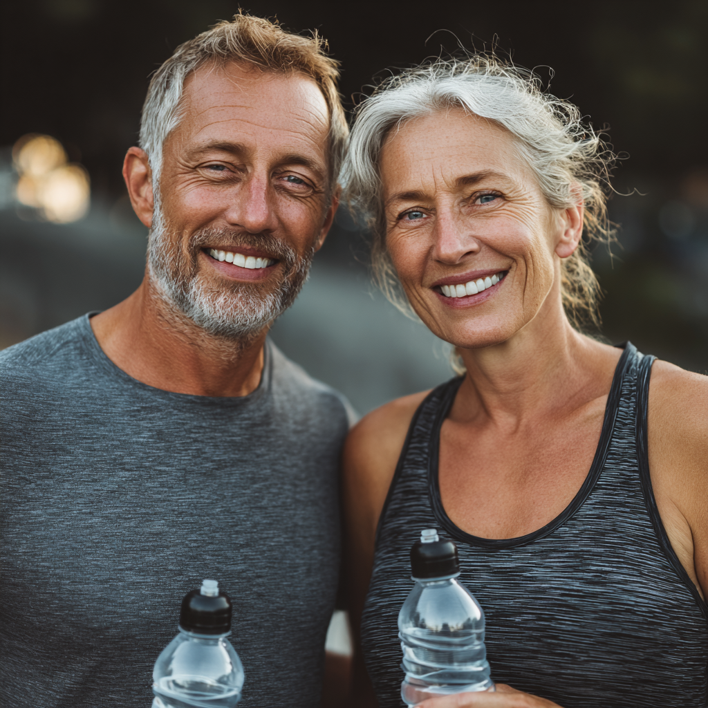 Happy mature couple in their late 40s celebrating fitness achievement outdoors with water bottles after successful workout session