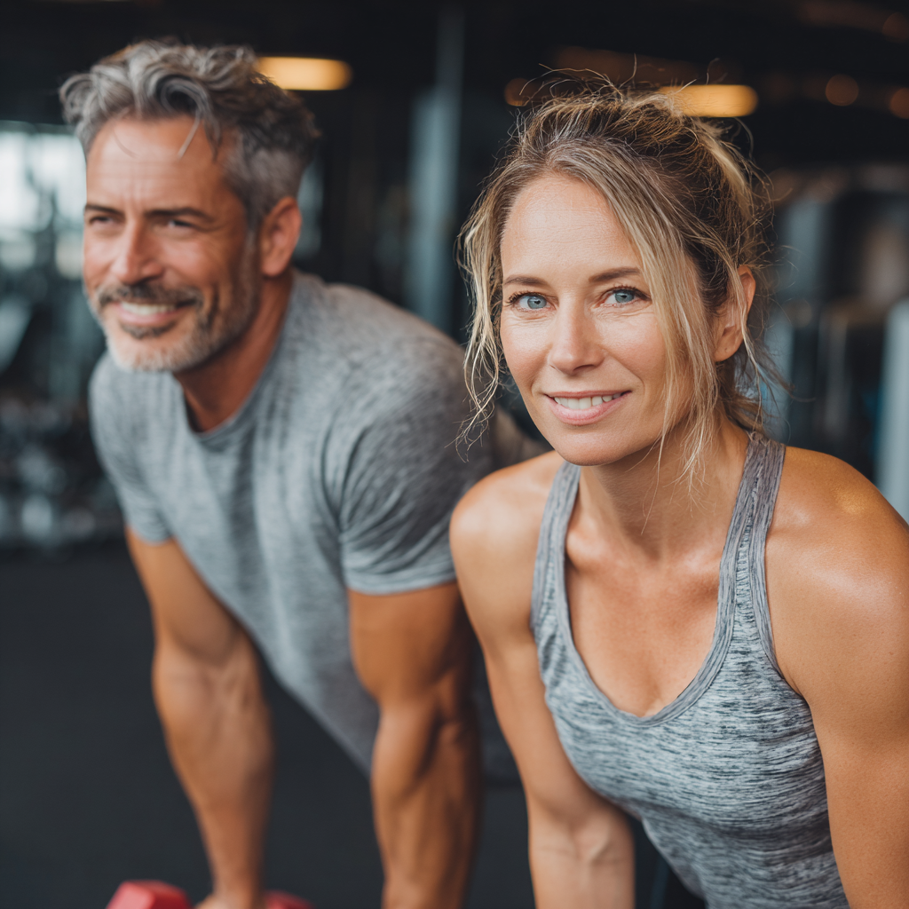 Healthy middle-aged man and woman in their 40s doing fitness exercises together in a modern gym environment